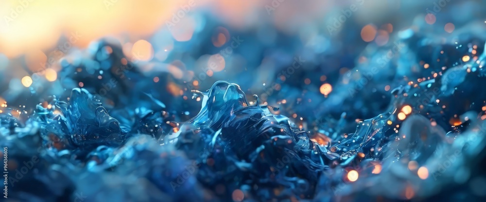 Poster a close-up view of a textured, blue-toned surface with a pattern of small, glowing orange and white 