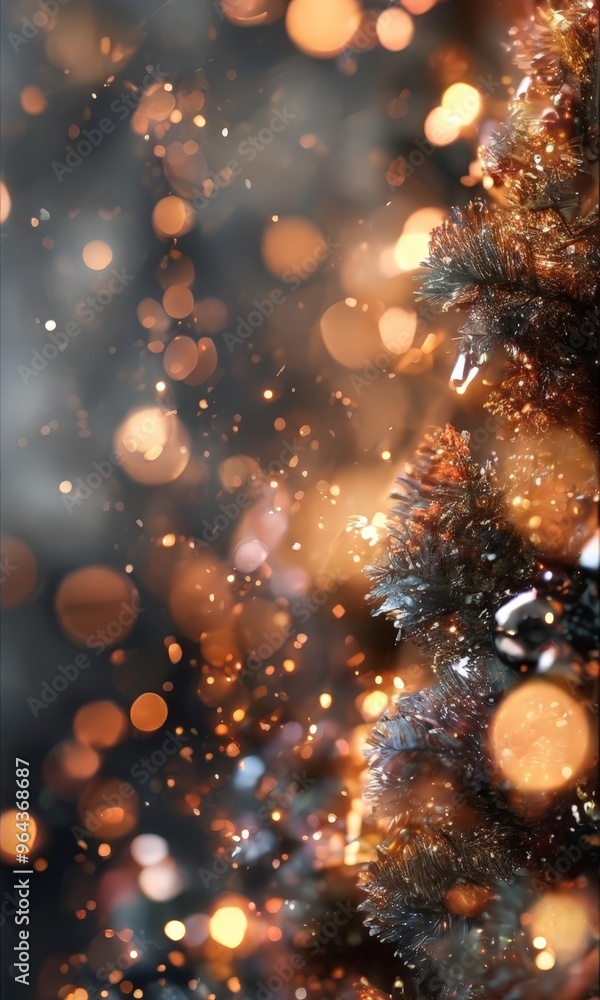Poster close-up view of a Christmas tree adorned with twinkling lights, creating a warm and festive atmosphere.