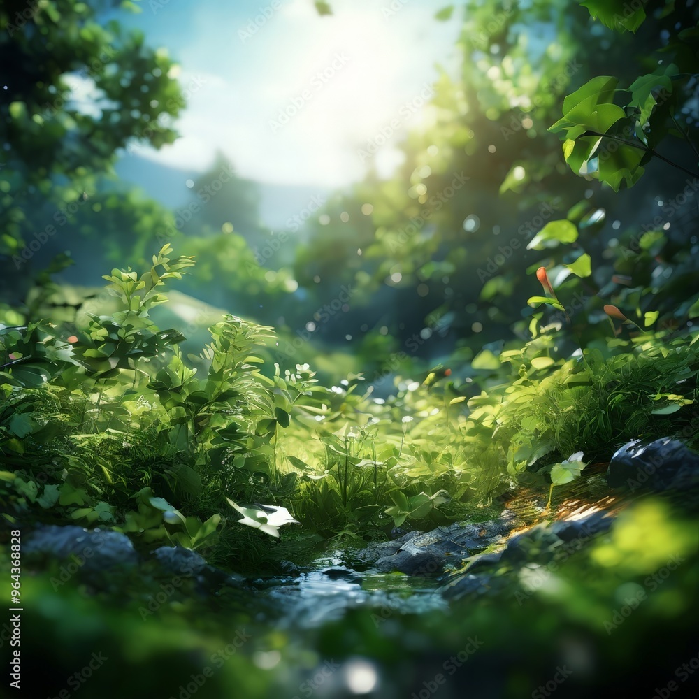 Poster a lush, verdant forest scene with sunlight filtering through the trees, casting dappled shadows and 