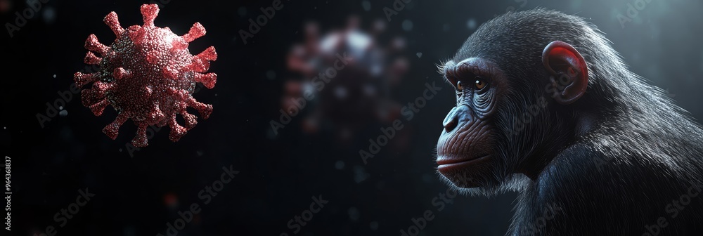 Poster Close-up of a chimpanzee observing floating viruses in a dark atmosphere. Concept of virus transmission and health risk
