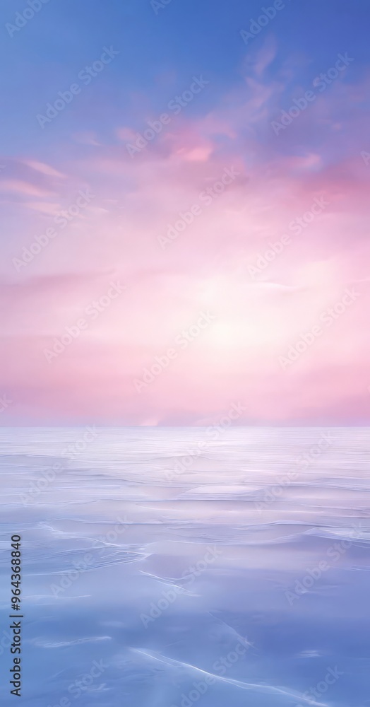 Poster a serene, expansive view of a frozen ocean under a sky painted in soft hues of pink and blue, with w