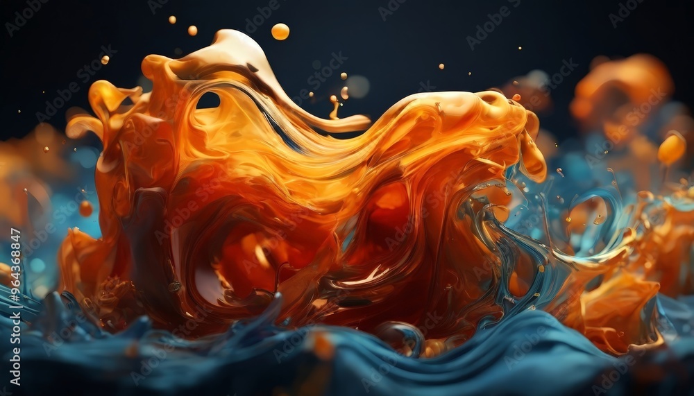 Poster a dynamic, abstract representation of a liquid, possibly orange or red, swirling and splashing again