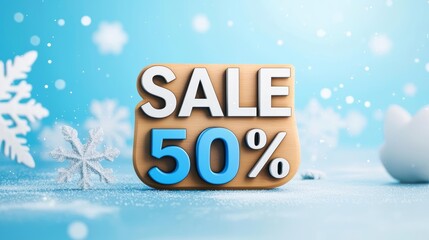 Festive sale promotion featuring a 50% discount sign on a wintry background with snowflakes and soft blue tones.