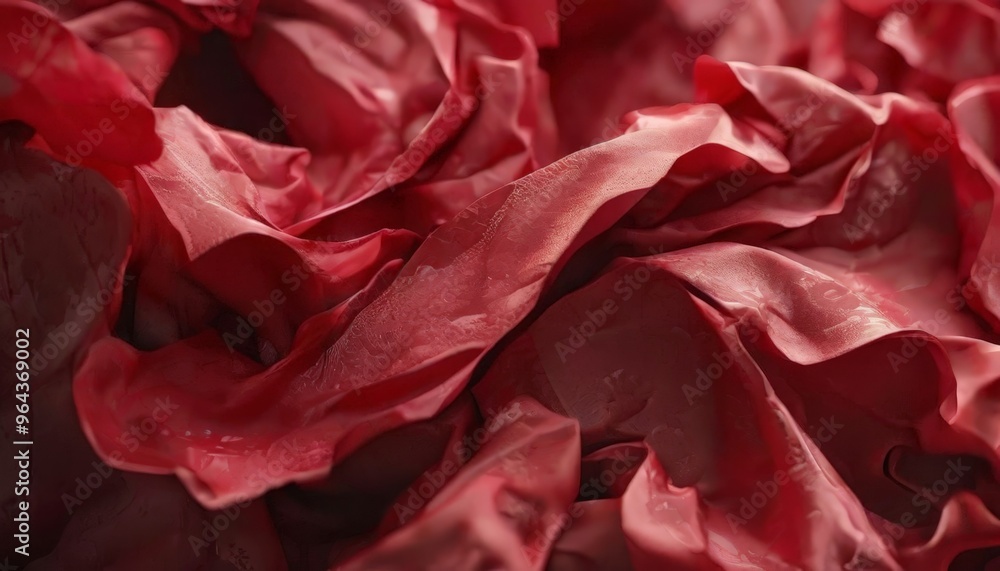 Poster close-up of a red fabric with a crumpled texture, featuring a shiny, wet surface.