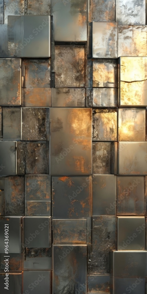 Poster a grid of square tiles with varying shades of gray and brown, arranged in a pattern that creates a t