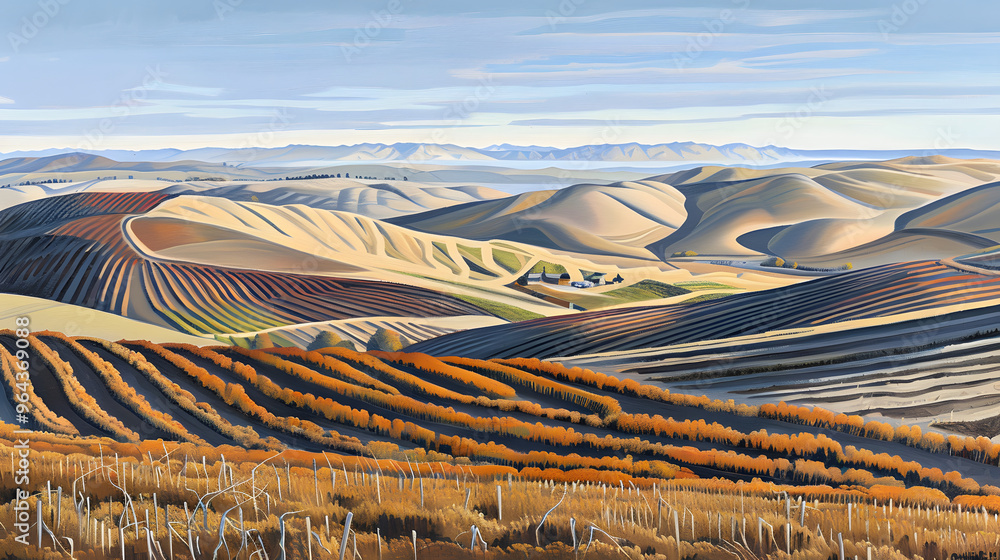 Poster farmer's countenance formed by crop patterns and rolling hills in the background