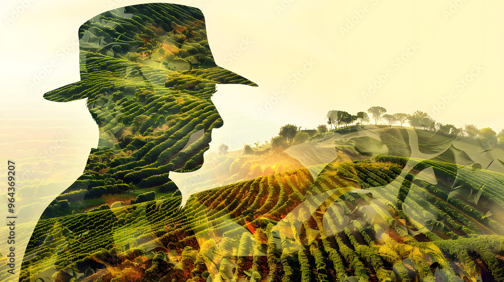 Poster farmer's countenance formed by crop patterns and rolling hills in the background