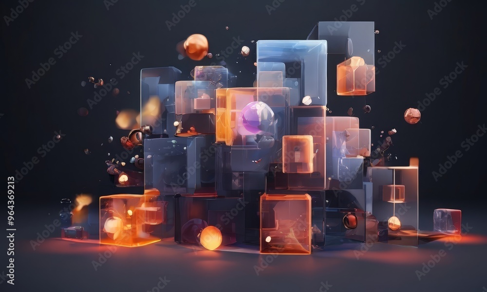 Poster a complex arrangement of transparent cubes and spheres, illuminated by a warm glow against a dark ba