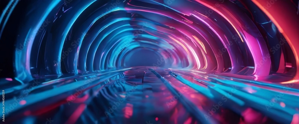 Poster a futuristic tunnel with a curved ceiling and a series of glowing blue and pink lights that create a