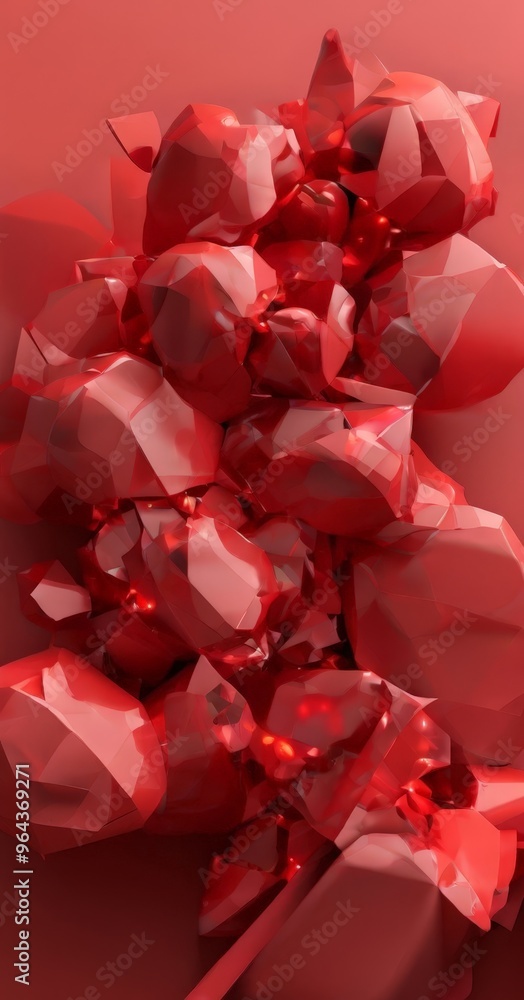Poster collection of red, irregularly shaped objects that appear to be made of a translucent material, poss