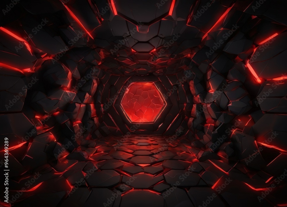 Poster a dark, hexagonal tunnel with a bright red light at the end, creating a sense of mystery and intrigu