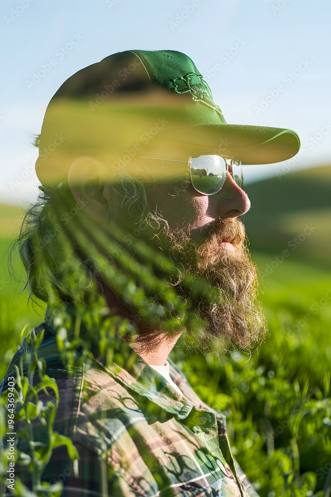 Poster farmer's countenance formed by crop patterns and rolling hills in the background