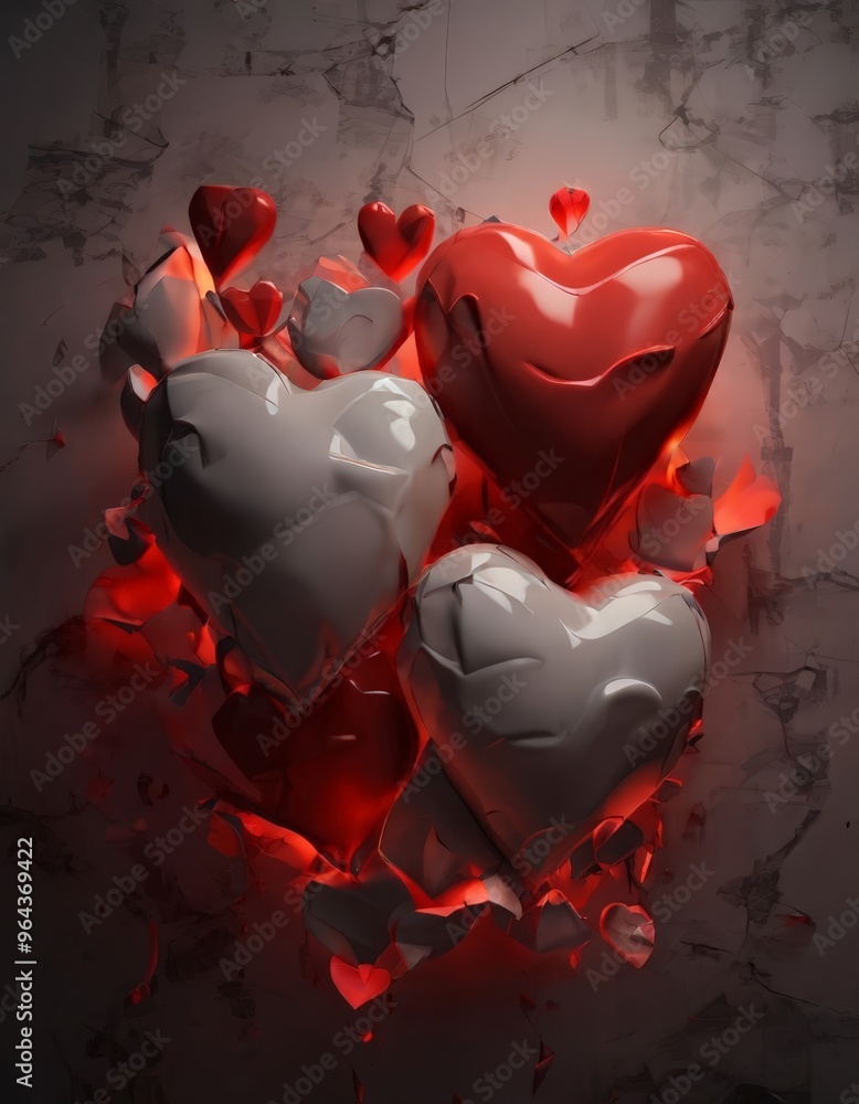 Poster a heart-shaped object, with the top half being red and the bottom half being white, surrounded by sm