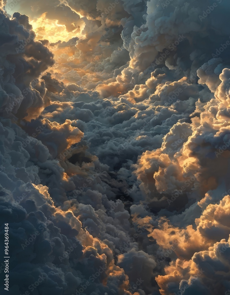 Poster a dramatic sky filled with dark and light clouds, with the sun's rays bursting through the clouds, c