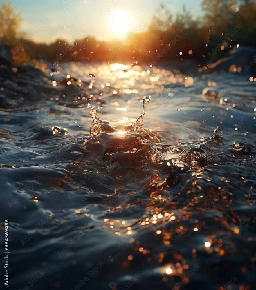 Poster a tranquil scene of a river at sunset, with the sun's golden rays reflecting off the water's surface