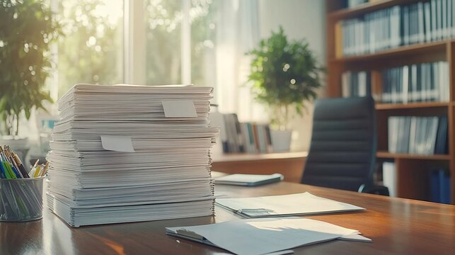 Debt collection agency office with stacks of files