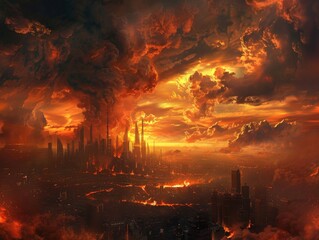 Obraz premium Apocalyptic demon overlord, fiery skies, crumbling city