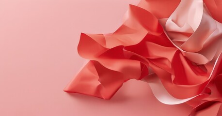 Fototapeta premium Abstract image of red and pink fabric folds and crumples against a pink background.