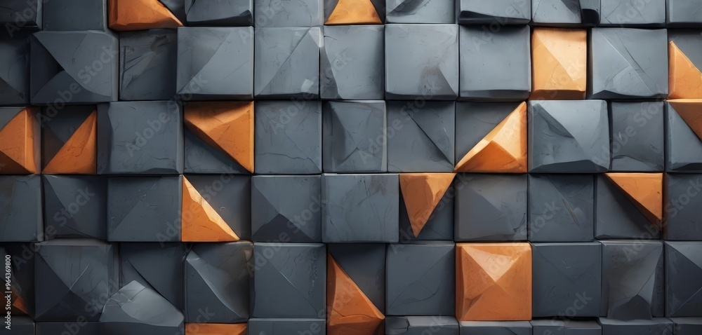Poster a close-up view of a 3d printed wall composed of numerous gray and orange cubes arranged in a grid-l