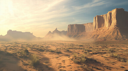 W pustynnym pejzażu Arizony dominuje szeroka przestrzeń w odcieniach złota i czerwieni. Powierzchnia ziemi jest pokryta drobnym, ciepłym piaskiem, który tworzy subtelne fale