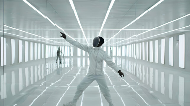 Fencer in white uniform and mask lunges with foil