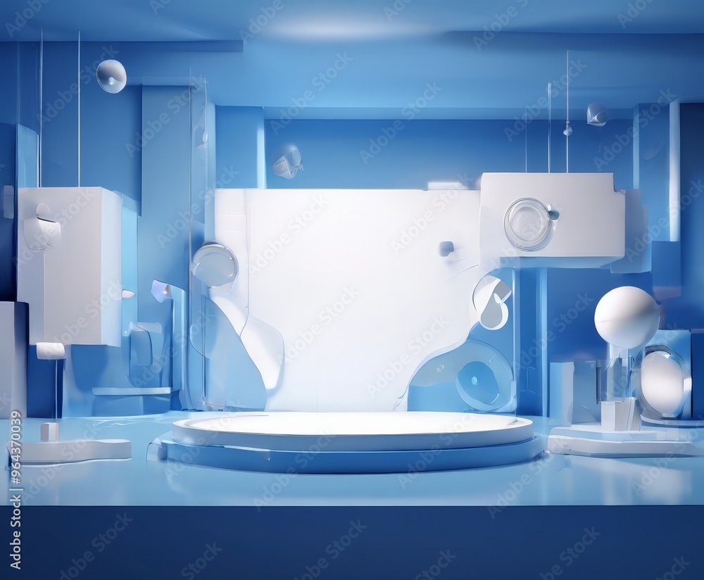 Poster futuristic stage design with a circular platform at the center, surrounded by various geometric shap