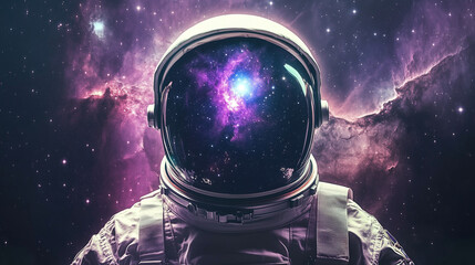 Astronauta dryfuje w głębi kosmosu, otoczony przez zapierający dech w piersiach widok gwiazd i galaktyki. Jego hełm, w którym odbija się purpurowo-niebieska mgławica, wygląda jak okno do innego świata