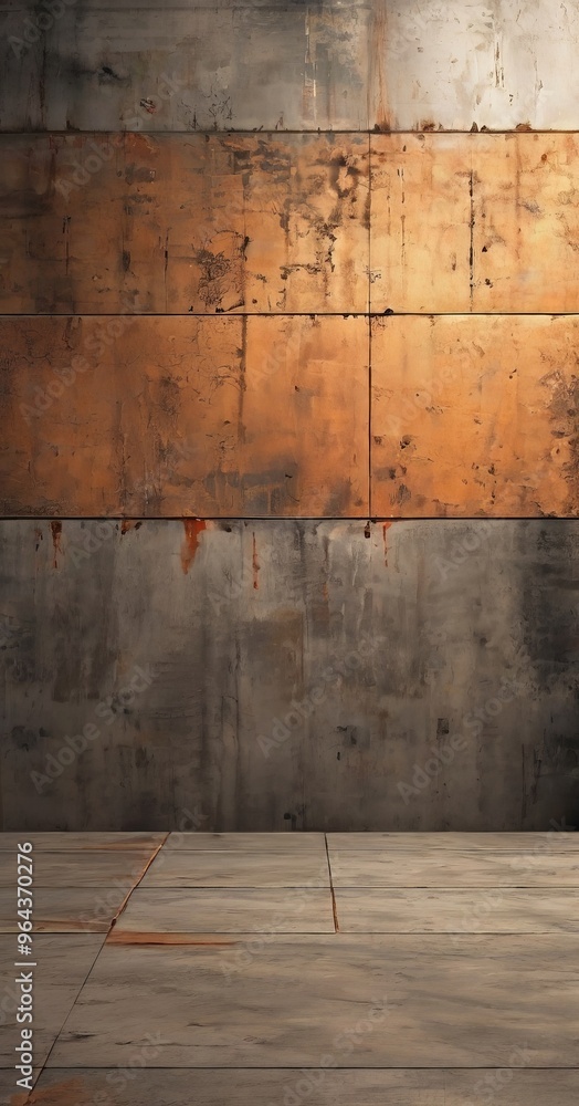 Poster a textured concrete wall with a horizontal pattern of orange and brown panels, creating a rustic and