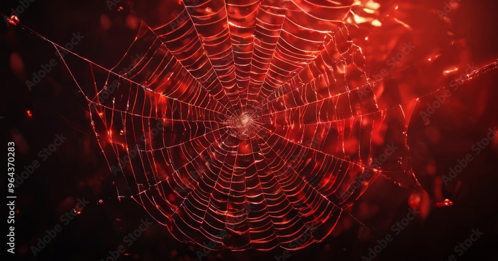Poster a close-up view of a spider web, illuminated by a red light, showcases the intricate and delicate st