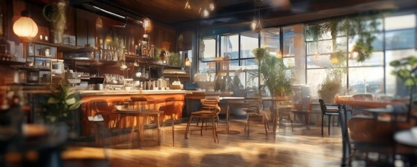 a cozy and inviting café interior, with wooden furniture, hanging plants, and a large window offering a view of the outdoors.
