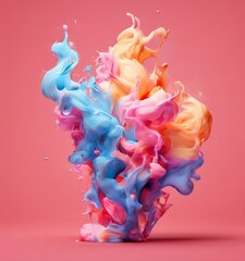 a vibrant abstract composition of swirling, multicolored paint splashes against a solid pink background.