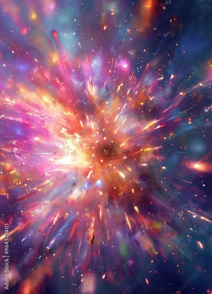 Poster a vibrant explosion of light and color, with a central burst radiating outwards in a dynamic display