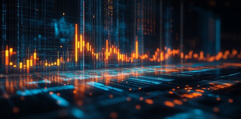 Abstract technology background with glowing lines and data.