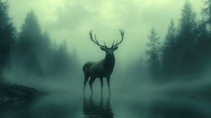 Naklejka premium A Serene Minimalist Representation of a Deer in a Foggy Forest, Perfect for Nature and Wildlife Themes