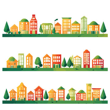 cityscape, houses and greenery, vector icon, in a row
