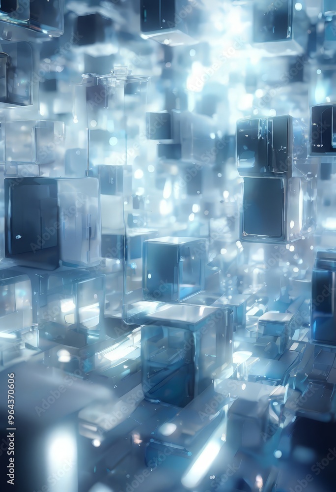 Aufkleber a digital art piece featuring a complex arrangement of transparent cubes in shades of blue and white