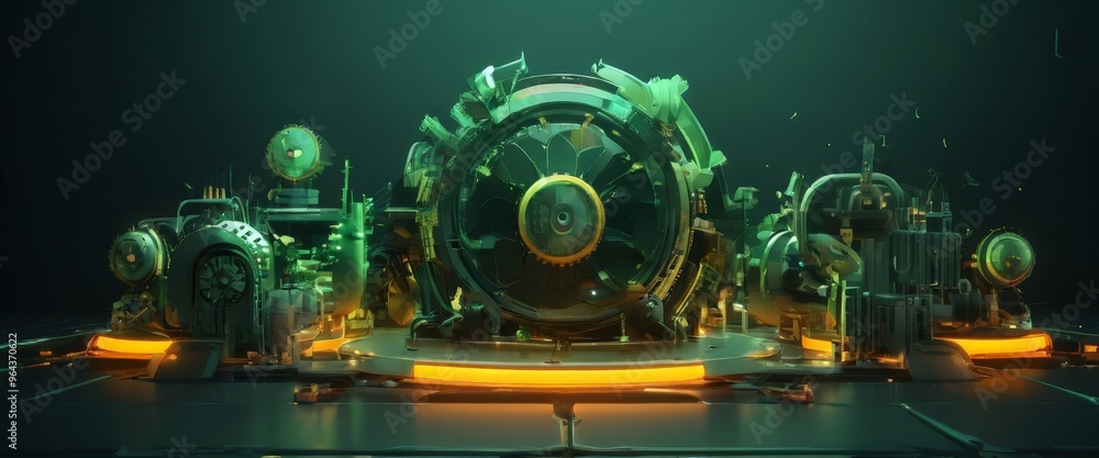 Poster a futuristic, mechanical device with a large circular rotor at its center, surrounded by smaller com