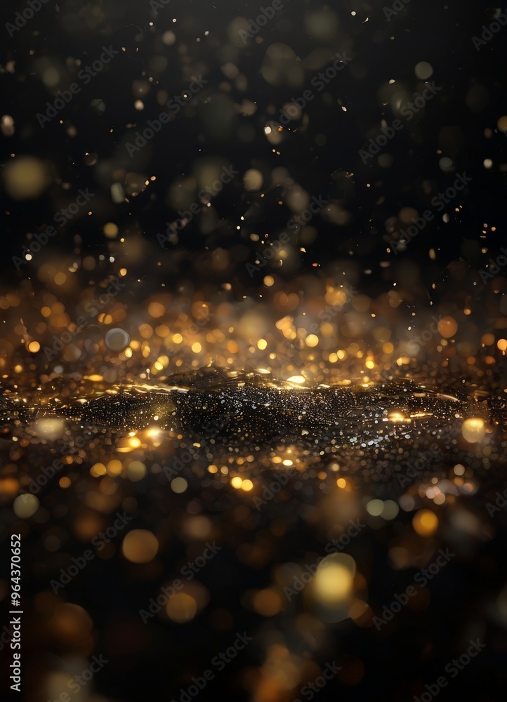Poster a dark background with a multitude of small, glowing gold and black dots scattered throughout, creat