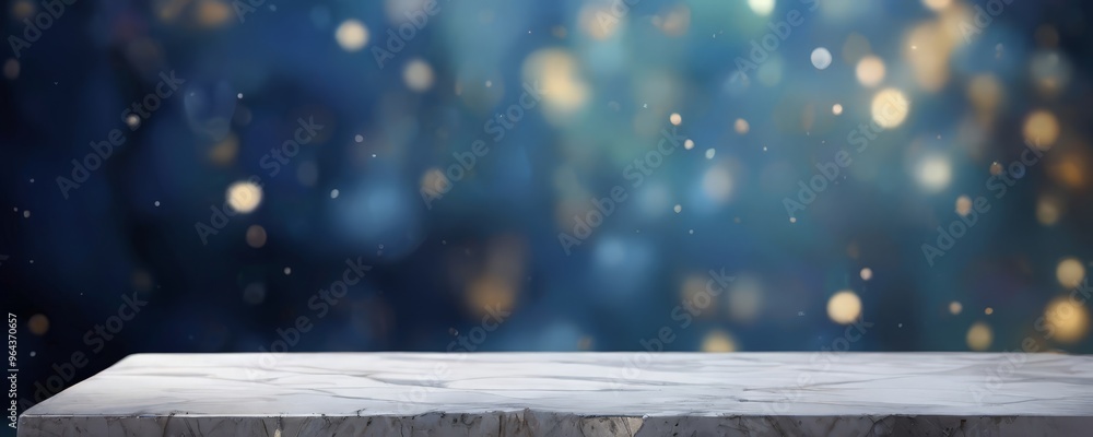Poster A marble table sits in the foreground, its surface reflecting the soft glow of a blurred background of twinkling lights and bokeh.