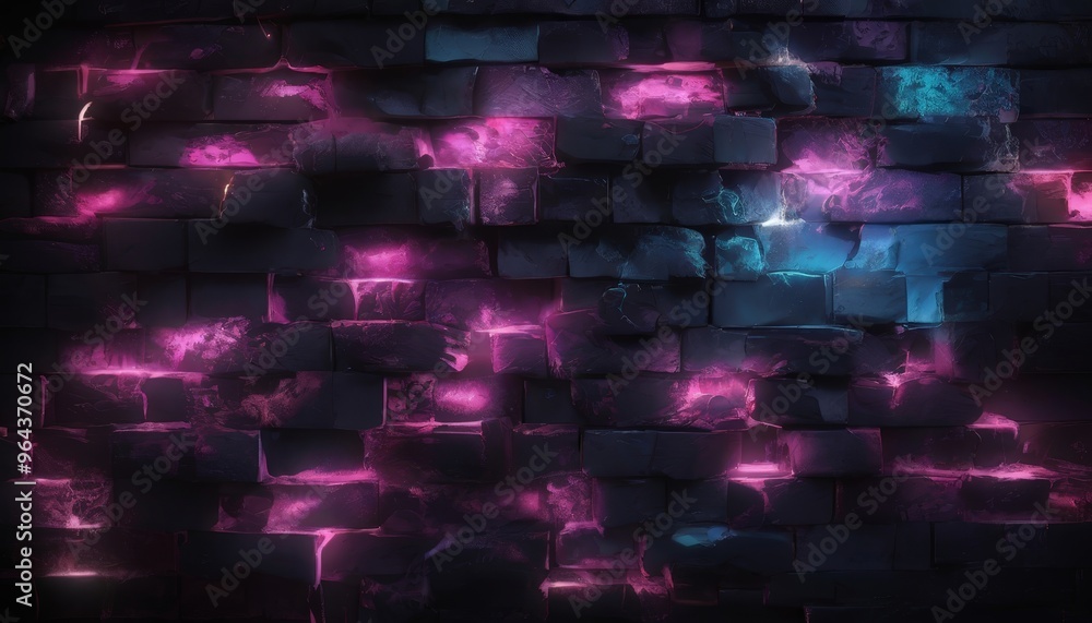 Poster a close-up view of a brick wall with a pattern of small, square bricks in various shades of pink and