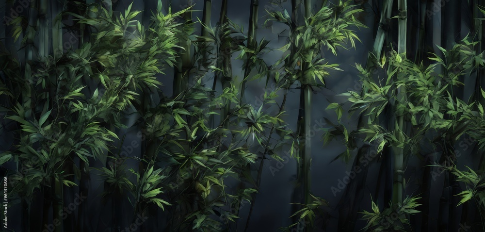 Poster a dense, dark forest with tall, slender bamboo stalks and lush, green leaves. the leaves are arrange