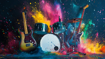 Scena pełna energii pokazuje gitary i bębny otoczone tęczowym wybuchem farb.