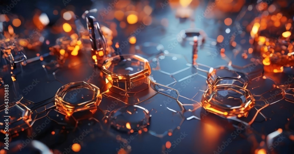 Poster close-up view of a complex, abstract pattern of glass and metal objects, with a blend of orange and blue hues. The objects are arranged in a way that creates a sense of depth and