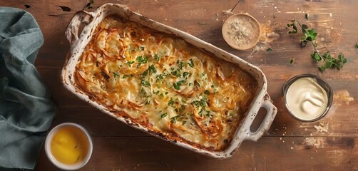 A baked dish with a golden crust and melted cheese, garnished with chopped parsley, is presented in a white ceramic dish on a rustic wooden table.