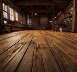 A wooden floor with a warm, rustic feel, leading the eye towards a wooden wall with a window and a ladder, creating a sense of depth and perspective.