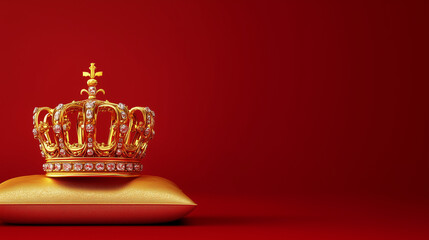 Złota korona zdobiona klejnotami, umieszczona na poduszce, na tle intensywnie czerwonym, odzwierciedla symbole monarchii Zjednoczonego Królestwa.