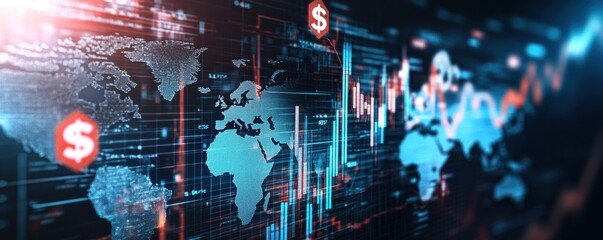 Digital illustration of global financial data with world map and economic growth charts