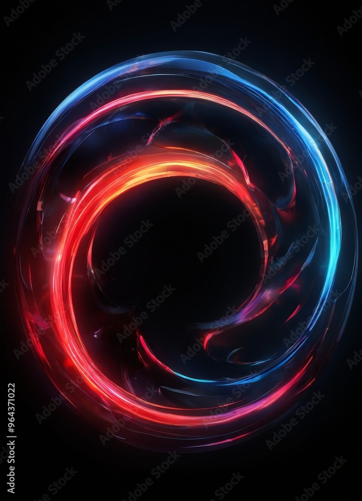 Poster swirling, abstract design with a mix of red, blue, and black colors, creating a dynamic and visually
