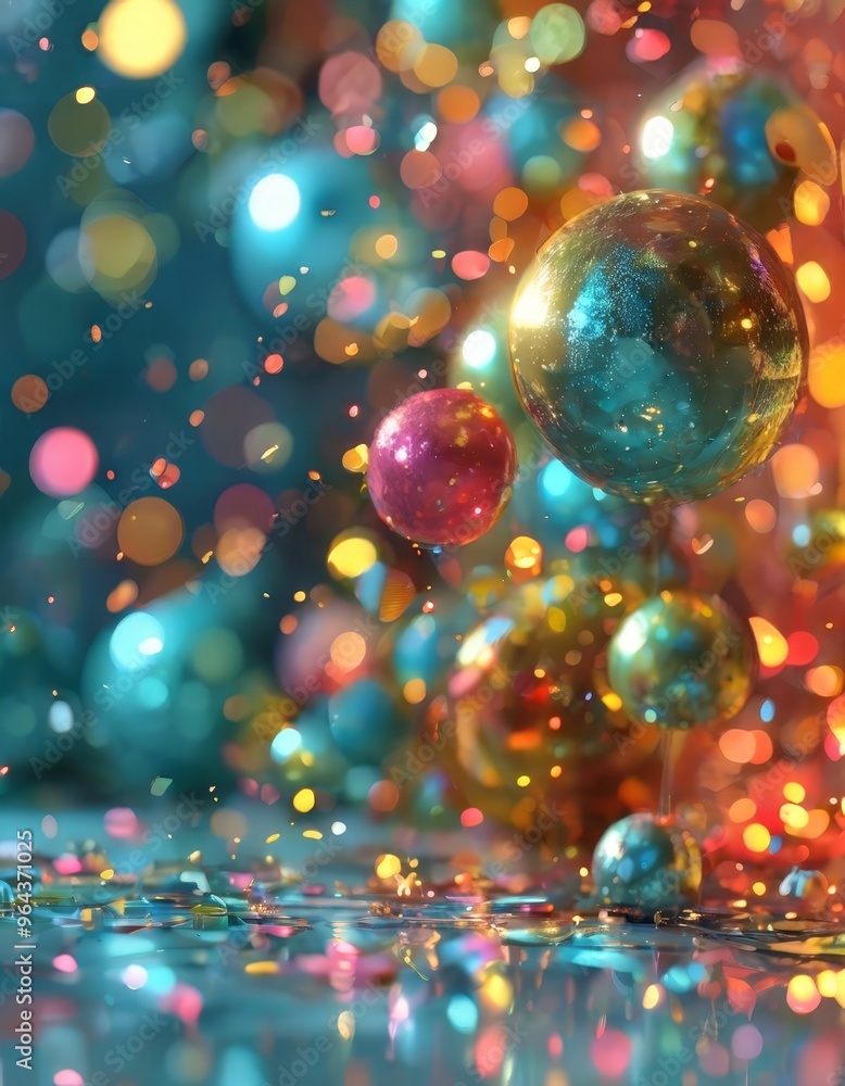 Poster a vibrant and dynamic scene of colorful, spherical objects in motion, creating a sense of depth and 