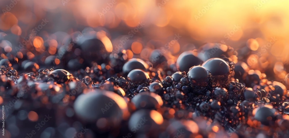 Poster a close-up view of a textured surface with numerous dark, spherical objects that appear to be oil or